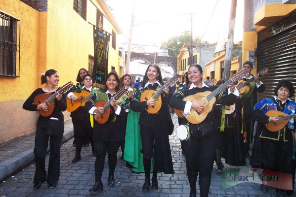 Callejoneadas (3-5)
Alrededor de las 6 de la tarde algunos grupos empezaron a recorrer los callejones y llenar de música el ambiente. 

About  6 of afternoon some groups  began to cross the alleys and to fill of music the atmosphere.
Keywords: Callejoneadas en Coyoacán / Callejoneadas in Coyoacán