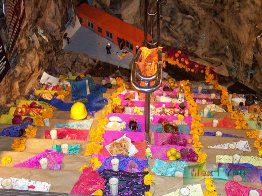 Dia de Muertos/Day of the Dead 8 - 9
En las escaleras de una de las entradas de la estación Zócalo pudimos observar una ofrenda con motivos del metro. 

This offering was located on  the stairs of one of the entrances of the "Zócalo" subway station. 
Keywords: Ofrenda en el Metro.