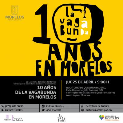 â€œLa Biblioteca Vagabundaâ€ celebra 10 aÃ±os de recorrer Morelos
Lo que en 2008 se convirtiÃ³ en â€œLa Biblioteca Vagabundaâ€, un trÃ¡iler cargado de mil
500 tÃ­tulos de diferentes gÃ©neros literarios, hoy cumple diez aÃ±os de visitar los 33
municipios del estado de Morelos.
Del 25 al 27 de abril este foro mÃ³vil festejarÃ¡ su primera dÃ©cada en
Axochiapan, Morelos, municipio que dio el banderazo de salida de este proyecto
que cierra su ciclo llevando talleres, cuentacuentos, espectÃ¡culos artÃ­sticos y su
sala de lectura, cautivando a mÃ¡s de 200 mil visitantes en sus 390 presentaciones a
lo largo de estos aÃ±os.
Keywords: Biblioteca Vagabunda