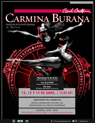 CARMINA BURANA Â·  DANZAS POLOVETSIANAS
 

A peticiÃ³n del pÃºblico y como parte de su temporada #PrimaveraVerano2018, la FilarmÃ³nica de las Artes (OFIA), presentarÃ¡ la imponente obra coral Carmina Burana de Carl Orff y las Danzas Polovetsianas de la Ã³pera El PrÃ­ncipe Igor de Aleksandr PorfÃ­rievich BorodÃ­n,  del 12 al 14 de abril, con una nueva producciÃ³n, en el Auditorio Fra AngÃ©lico.

La orquesta estarÃ¡ acompaÃ±ada nuevamente por el coro de la Orquesta y Coro de la Ciudad de MÃ©xico (OCCM) bajo la direcciÃ³n artÃ­stica del maestro Armando Carmona GalvÃ¡n, quien ha venido haciendo un trabajo impecable en las colaboraciones con la FilarmÃ³nica de las Artes, ademÃ¡s de Stin Tance, compaÃ±Ã­a de danza dirigida por Talia ValdÃ©s e Igor MartÃ­nez.
Keywords: CARMINA BURANA