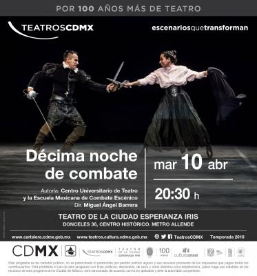 El CUT-UNAM y la EMCE celebran su DÃ©cima Noche de Combate en el recinto de Donceles
La Noche de Combate consiste en escenas que no suelen tener una lÃ­nea estÃ©tica o ambientaciÃ³n general, lo Ãºnico que las une es el combate. Por ello, observan todo tipo de armas, como sables, escudos, dagas, bastones y espadas, ademÃ¡s de llevarse a cabo el combate sin armas. Sin que haya sido el propÃ³sito inicial, a lo largo de los aÃ±os ha resultado ser un verdadero encuentro de instituciones de actuaciÃ³n y a la vez un espacio de experimentaciÃ³n continua. 
Keywords: DÃ©cima Noche de Combate