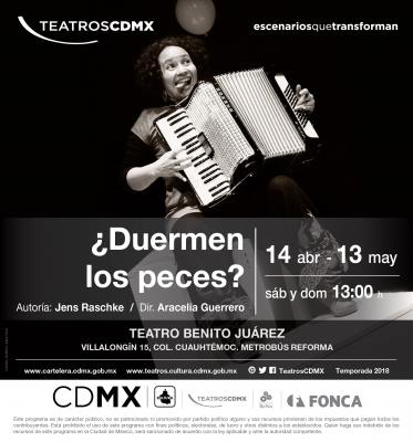  Â¿Duermen los peces?, una propuesta honesta, amorosa y llena de emociones
 â€¢       A los 10 aÃ±os de edad, â€œJetteâ€ se enfrenta a una dura prueba, la enfermedad de su hermano â€œEmilioâ€

 

â€¢       La pequeÃ±a comparte con el pÃºblico algunas preguntas fundamentales como Â¿quÃ© nos pasa cuando estamos muertos? y Â¿es como estar dormido?

 

Â¿Duermen los peces? es una puesta en escena contada por una niÃ±a de 10 aÃ±os llamada â€œJetteâ€, quien a su corta edad pasa por una etapa difÃ­cil: enfrentar la muerte de su hermano â€œEmilioâ€, quien sÃ³lo viviÃ³ seis aÃ±os.

 

La propuesta de la compaÃ±Ã­a Teatro ReNo se presentarÃ¡ del 14 de abril al 13 de mayo, sÃ¡bados y domingos a las 13:00 horas, en el Teatro Benito JuÃ¡rez (VillalongÃ­n 15, colonia CuauhtÃ©moc, cerca del MetrobÃºs Reforma).
Keywords: teatro benito juÃ¡rez