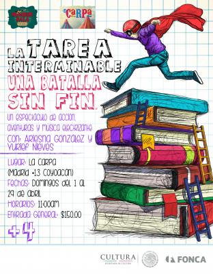 La tarea Interminable, una batalla sin fin
cuenta con la autorÃ­a y direcciÃ³n de Yurief Nieves, quien tambiÃ©n comparte el escenario con Ariesna GonzÃ¡lez.

Se presenta todos los domingos hasta el 29 de abril en La carpa (Madrid 13, col. Del Carmen, Del. CoyoacÃ¡n)
Keywords: teatro