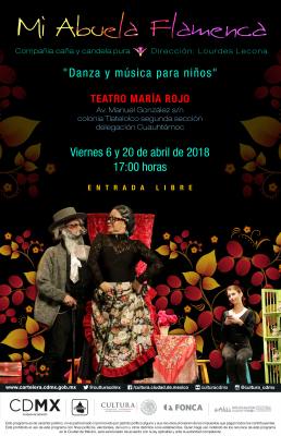   La compaÃ±Ã­a CaÃ±a y Candela Pura celebra el DÃ­a del NiÃ±o  y de la NiÃ±a con Mi abuela flamenca
La compaÃ±Ã­a CaÃ±a y Candela Pura celebrarÃ¡ el DÃ­a del NiÃ±o y de la NiÃ±a con el espectÃ¡culo de mÃºsica y danza Mi abuela flamenca, los viernes 6 y 20 de abril a las 17:00 horas en el Centro Cultural de las Artes EscÃ©nicas en Tlatelolco. 
Mi abuela flamenca cuenta con la participaciÃ³n de los bailarines solistas Ana MarÃ­a Liceaga (abuela), Elisa PÃ©rez (madre), Aline L. Lecona (Marianela), Omar Castillo (narrador y novio), Fernanda Madrid (Marianela de pequeÃ±a), y los mÃºsicos Lolo JimÃ©nez (abuelo), en el cante; RaÃºl Mandujano (guitarra) y Olmo Mariano Ayala (esposo), en las percusiones. La iluminaciÃ³n es de Javier RodrÃ­guez y la fotografÃ­a de Alma Curiel
Keywords: La compaÃ±Ã­a CaÃ±a y Candela Pura