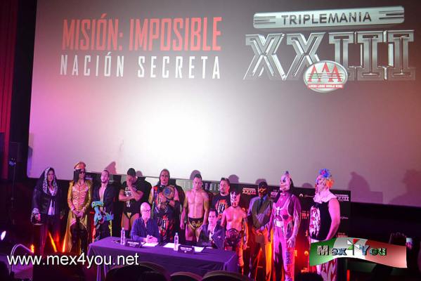  NaciÃ³n Secreta  para TriplemanÃ­a III (02-05) 
El primer conveniÃ³ iniciÃ³ con Terminetor GÃ©nesis y ahora con MisiÃ³n Imposible con el espectaculo deportivo este domingo 9 de Agosto a las 16:00 hrs en la Arena Ciudad de MÃ©xico con un elenco espectacular.

Text and Photo by: YanÃ­n RamÃ­rez
Keywords: paramount triplemania 23 lucha libre misiÃ³n imposible tom cruise villano tercero mistico rey misterio arena mexico