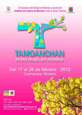 Festival TAMOANCHAN -WORLD MUSIC Morelos (03-04)
Inspirado en el mito de la cultura mexica de un lugar llamado Tamoanchan que signica la " casa en donde ellos descendieron" . AhÃ­ crecÃ­a el Ã¡rbol divino el cual representa el sostÃ©n del cielo, era la casa del descenso donde se crÃ­an dioses y nacen los hombres. En este lugar vivÃ­a la hermosÃ­sima Xochiquetzal y su conyuge Cinteotl.  En Xochitlicacan se encontraba el Ã¡rbol florido.  Al menor roce de sus flores caÃ­an presos de enamoramiento, asÃ­ un dÃ­a apareciÃ³ Texcatlipoca que habÃ­a tomado la imÃ¡gen de un pÃ¡jaro para seducir a Xochiquetzal y ambos cortaron las flores. El Ã¡rbol de Tamoanchan se partiÃ³ a la mitad y sangrÃ³ y los dioses los expulsaron. 

Text by: YanÃ­n RamÃ­rez. 
Keywords: festival tamoanchan world music morelos flyer