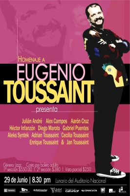 Concierto Homenaje  a Eugenio Toussaint (05-05)
Este homenaje a Eugenio Toussaint es promovido por la familia del desaparecido mÃºsico, asÃ­ como por amigos suyos con los que compartiera proyectos escÃ©nicos y televisvos puntalizÃ³ Antonio Crestani (VinculaciÃ³n Cultura y las Artes). La Secretaria de Cultura Elena Cepeda indico que la proxima temporada de la Filarmonica de la Ciudad de Mexico interpretara musica de Eugenio Toussaint
Keywords: homenaje concierto eugenio toussaint  lunario 