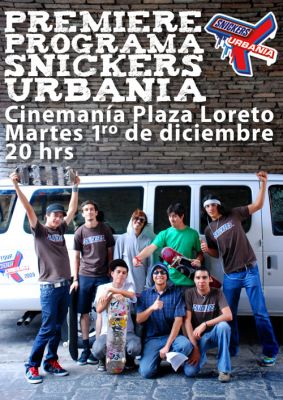 Premier Urbania. (04-04)
SNICKERS URBANIAÂ® 2009 se llevÃ³ a cabo en la explanada del Estadio Azteca el 26 de septiembre de 2009, y ofreciÃ³ competencias de Skate Street y BMX Dirt Jump, Grafitti, asÃ­ como exhibiciones con talento internacional. Este proyecto es la verdad muy interesante y promueve el deporte entre la juventud, quienes ocupan los espacios citadinos para crear su arte.  Bien por Snickers por este tipo de eventos en nuestro PaÃ¬s. 
Keywords: urbania premier